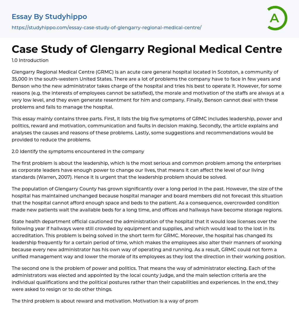 Case Study of Glengarry Regional Medical Centre Essay Example