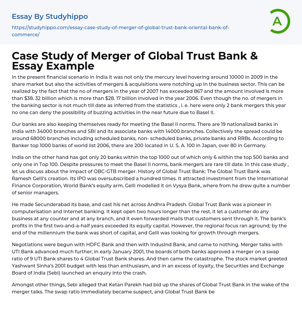 Case Study of Merger of Global Trust Bank &amp Essay Example