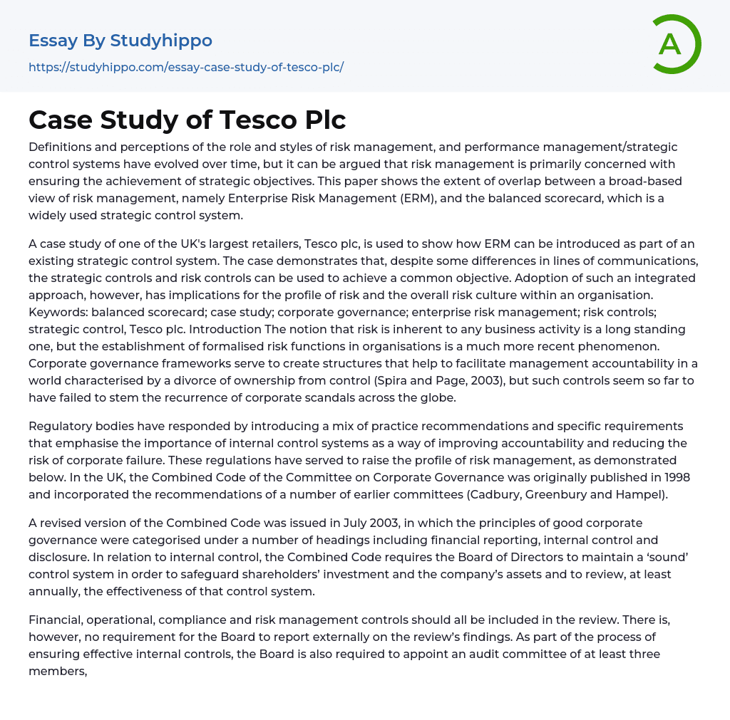 Case Study of Tesco Plc Essay Example