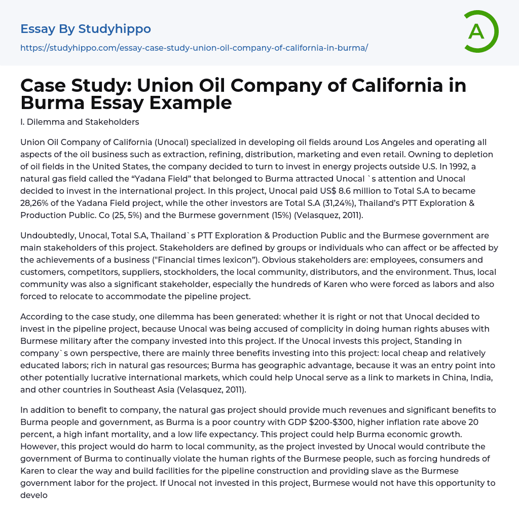 Case Study: Union Oil Company of California in Burma Essay Example