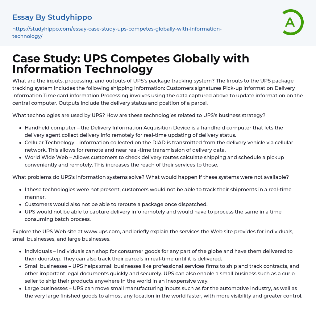 Case Study: UPS Competes Globally with Information Technology Essay Example