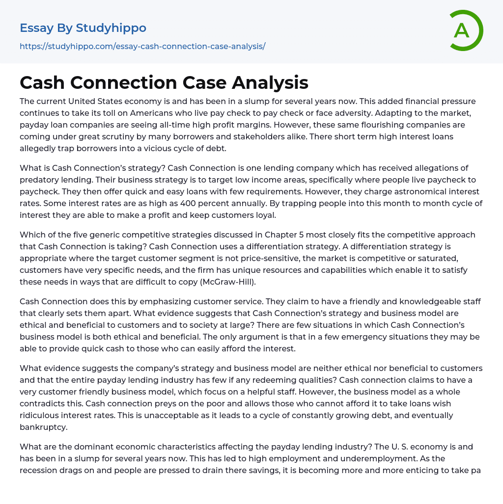 Cash Connection Case Analysis Essay Example