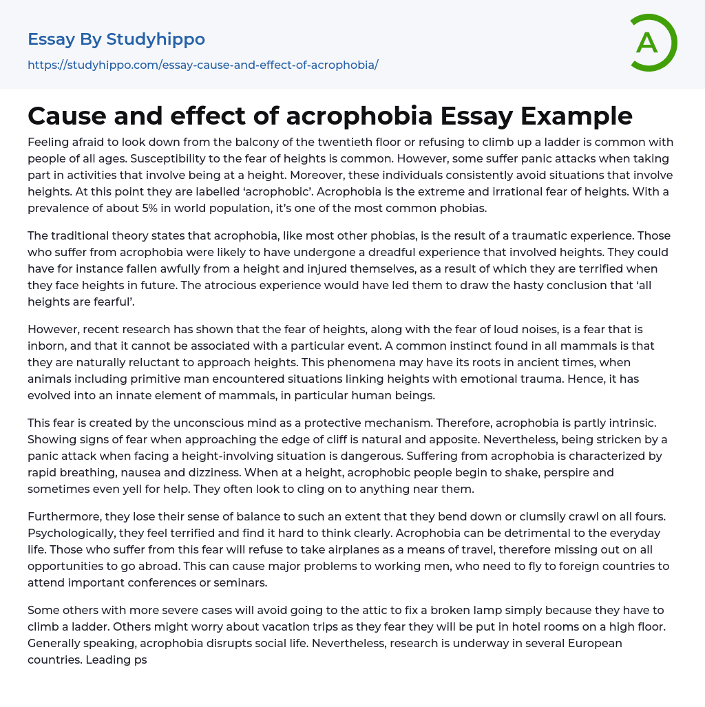 Cause and effect of acrophobia Essay Example