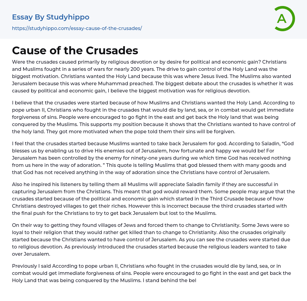 Cause of the Crusades Essay Example
