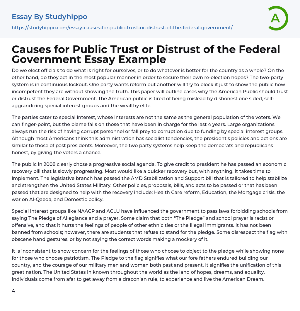 Causes for Public Trust or Distrust of the Federal Government Essay Example