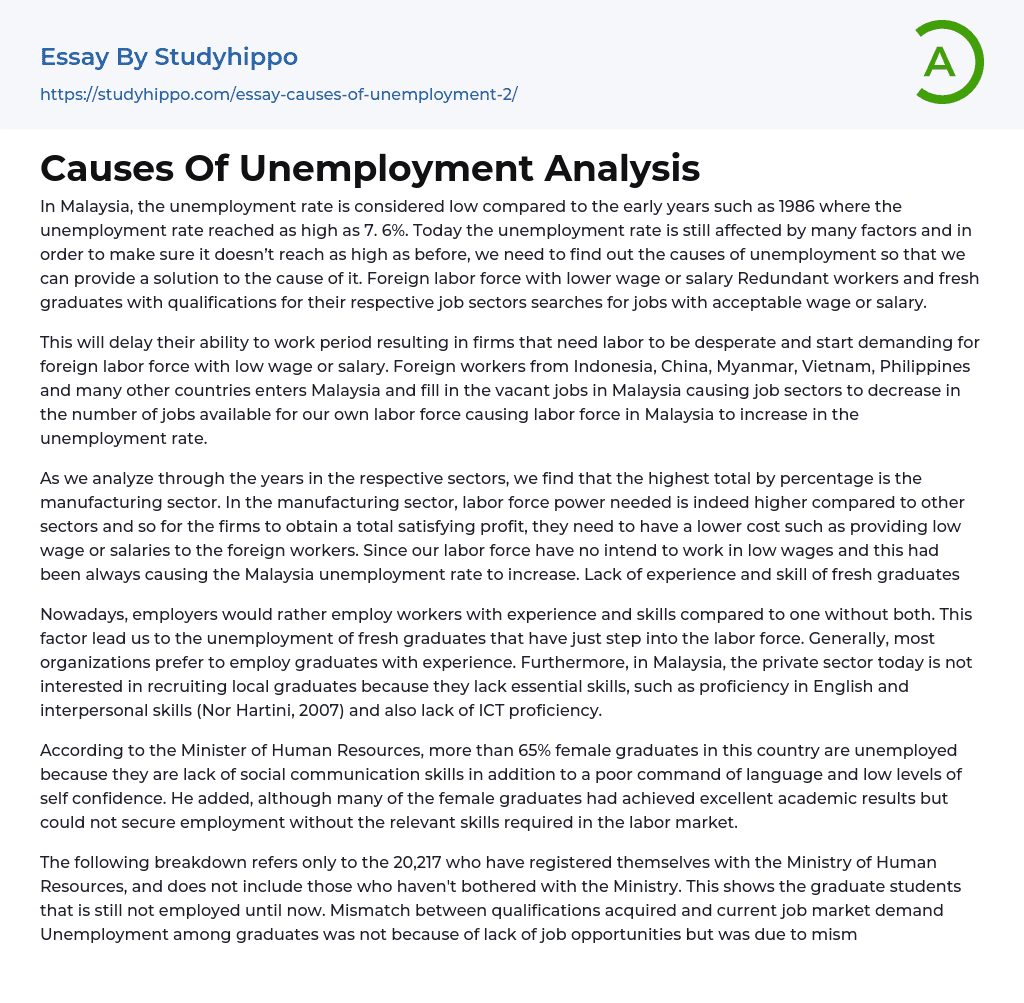 Causes Of Unemployment Analysis Essay Example
