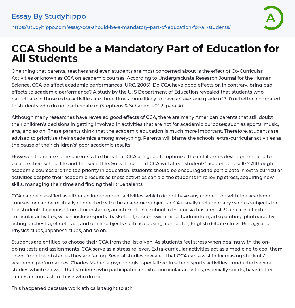 CCA Should be a Mandatory Part of Education for All Students Essay Example