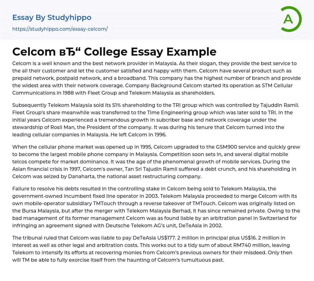Celcom College Essay Example