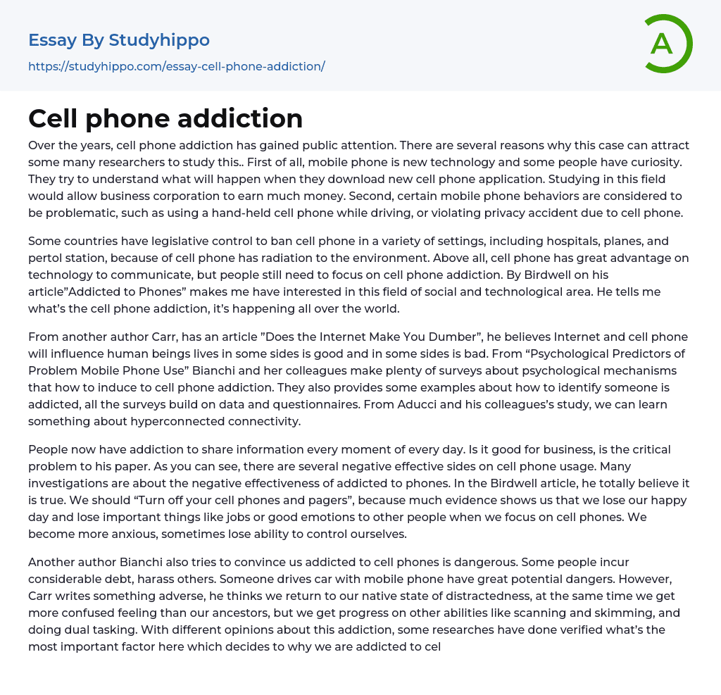 Cell phone addiction Essay Example