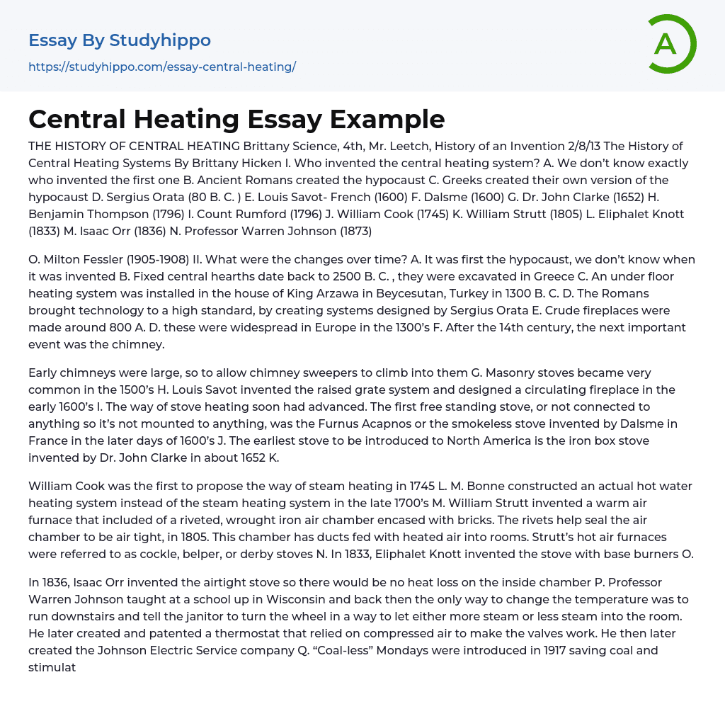 The History of Central Heating Essay Example