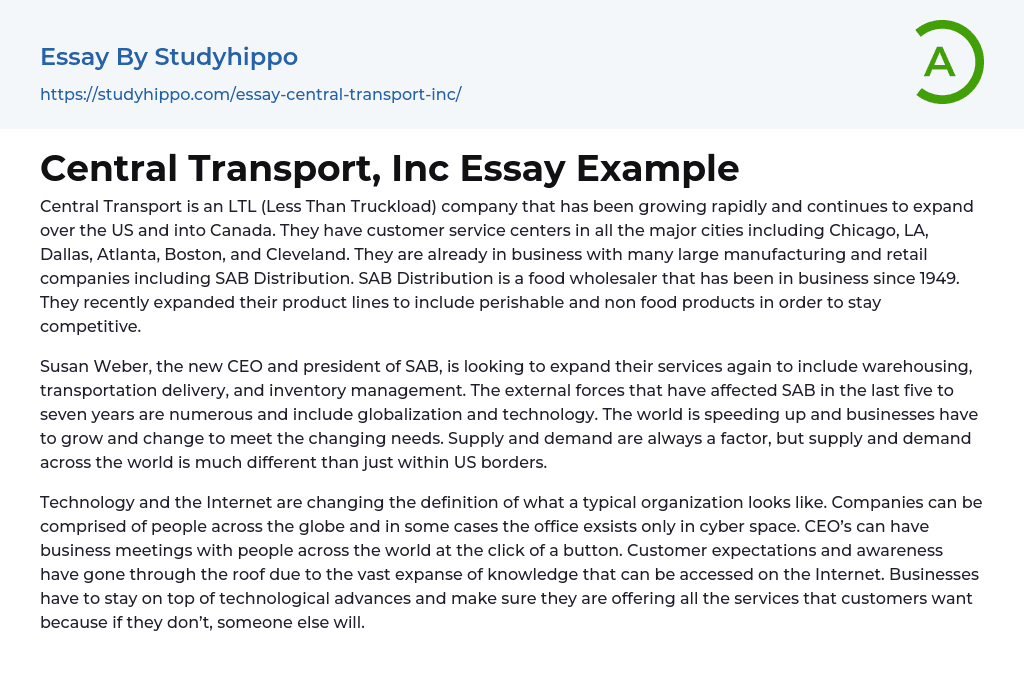 Central Transport, Inc Essay Example