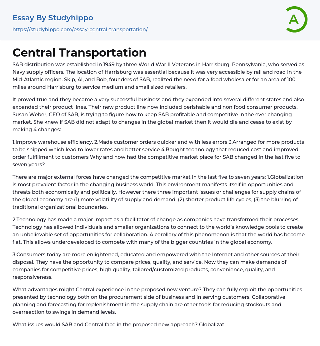 Central Transportation Essay Example