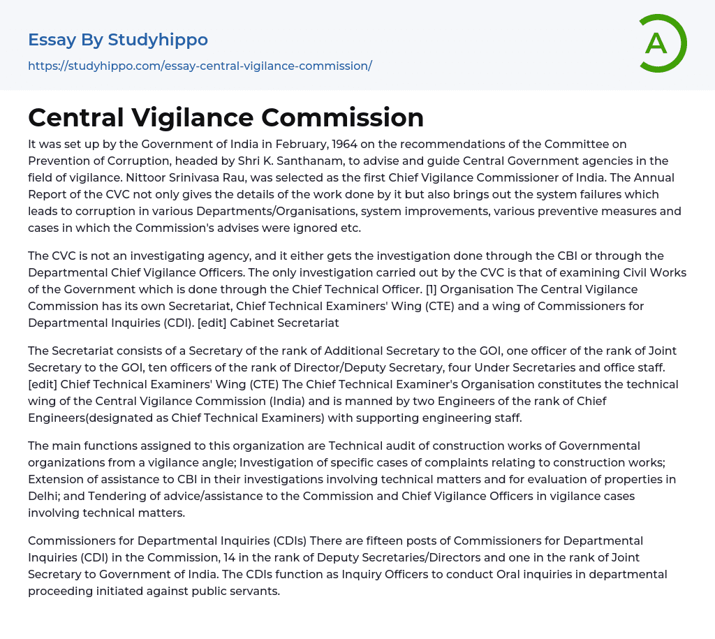 Central Vigilance Commission Essay Example
