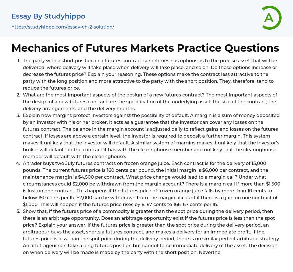 Mechanics of Futures Markets Practice Questions Essay Example
