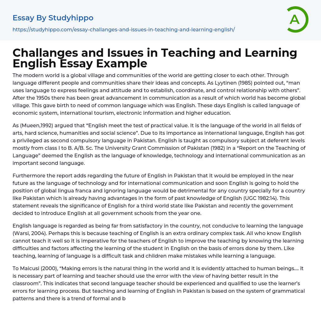Challanges and Issues in Teaching and Learning English Essay Example