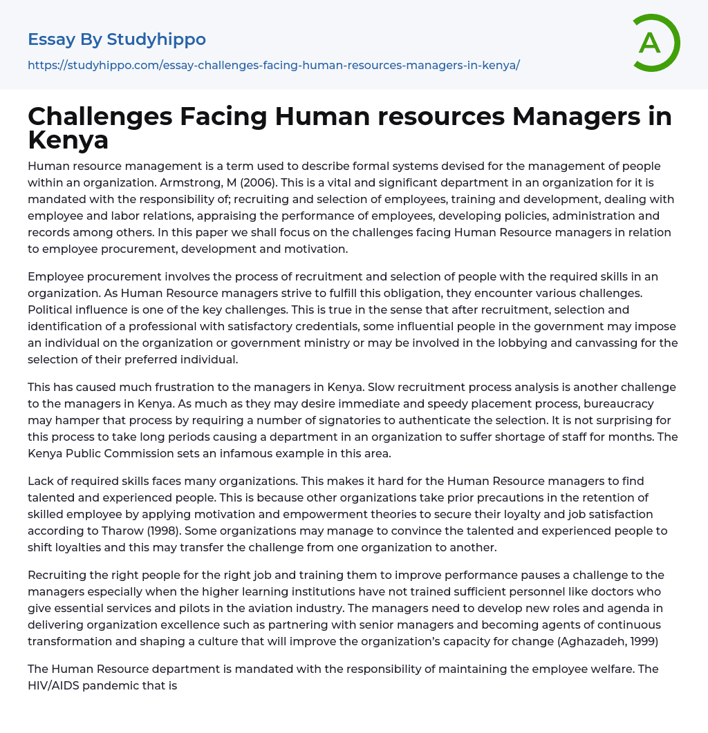 Challenges Facing Human resources Managers in Kenya Essay Example