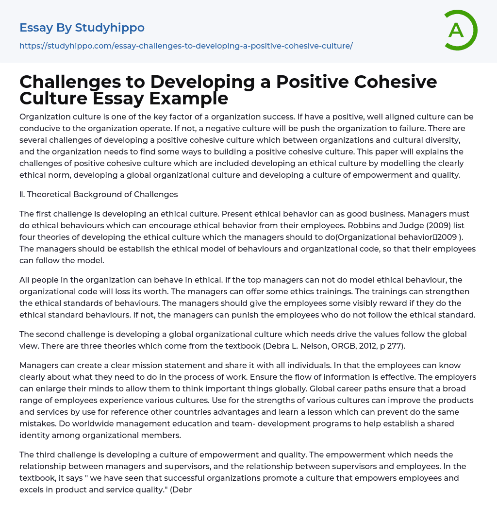 Challenges to Developing a Positive Cohesive Culture Essay Example