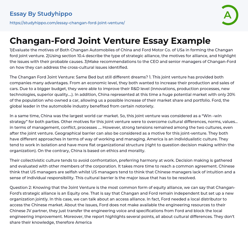 Changan-Ford Joint Venture Essay Example