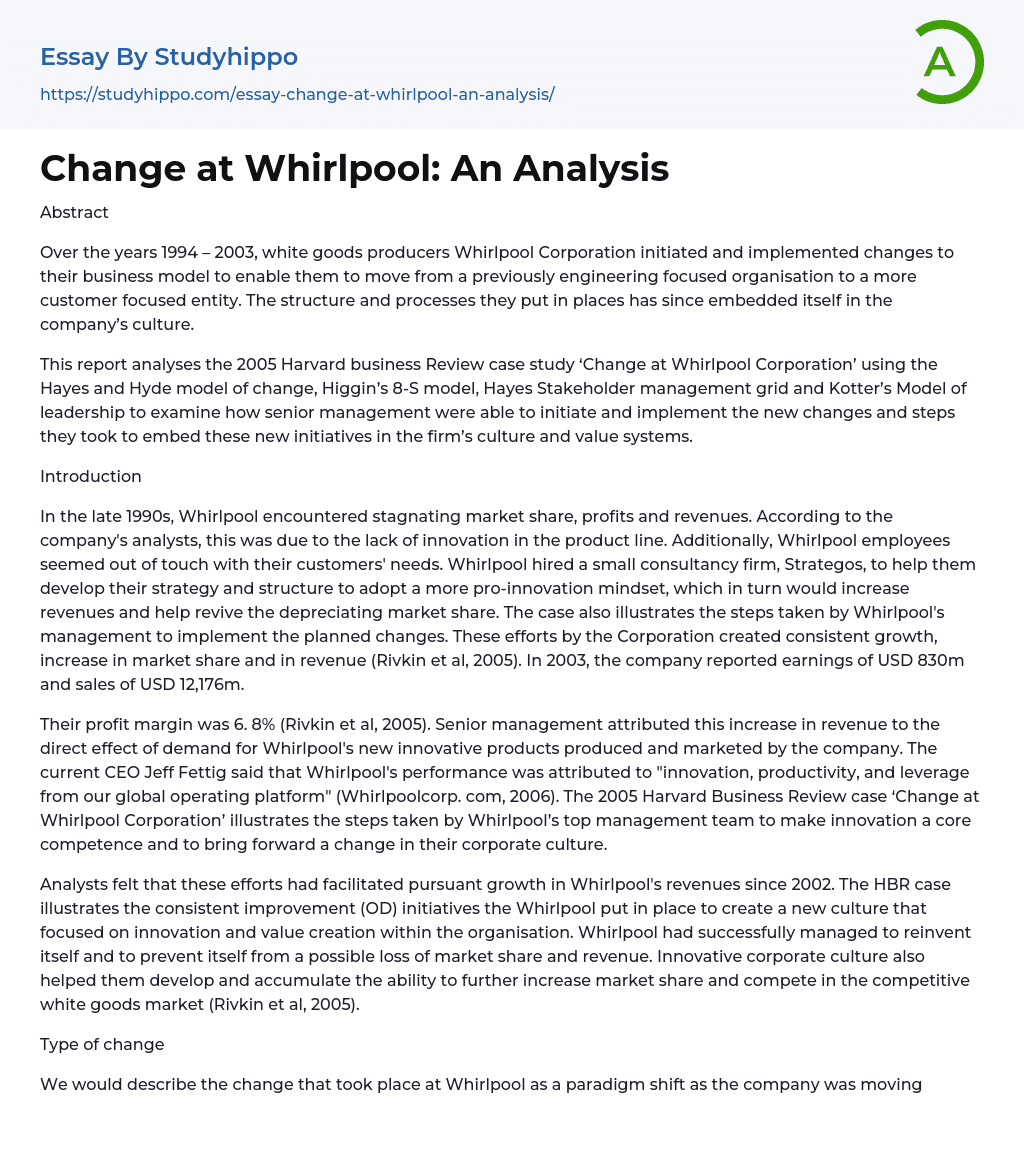 Change at Whirlpool: An Analysis Essay Example