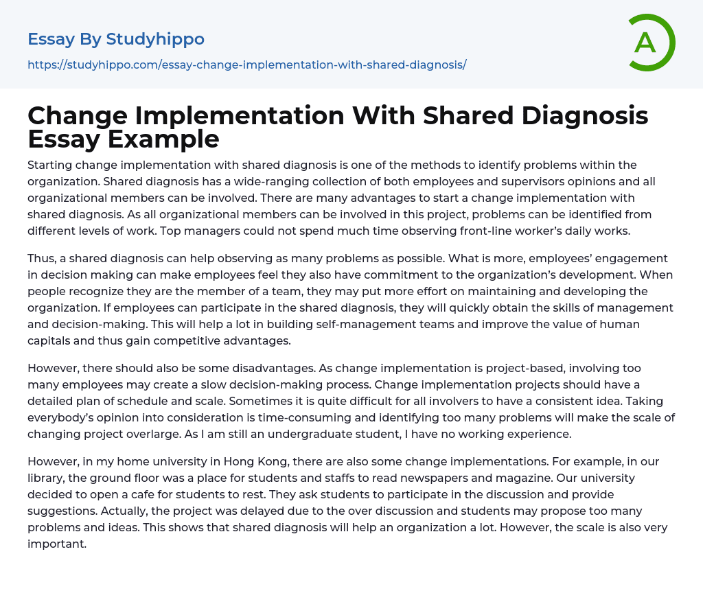 Change Implementation With Shared Diagnosis Essay Example