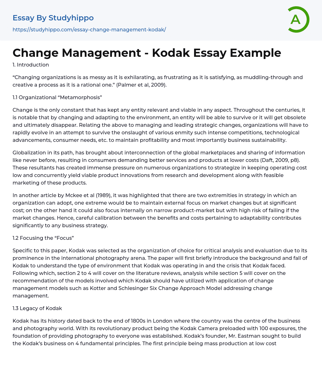 Change Management – Kodak Essay Example