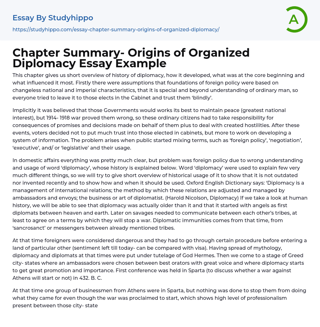 Chapter Summary- Origins of Organized Diplomacy Essay Example