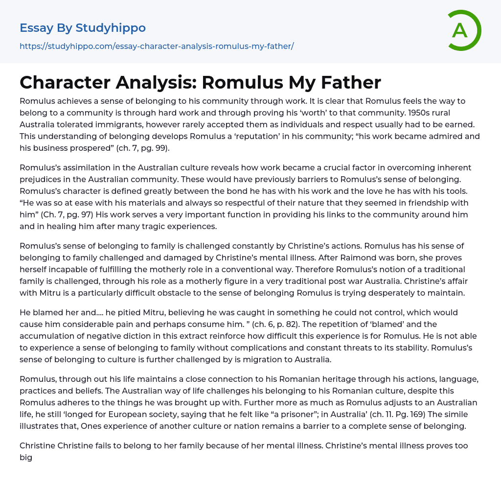 Character Analysis: Romulus My Father Essay Example