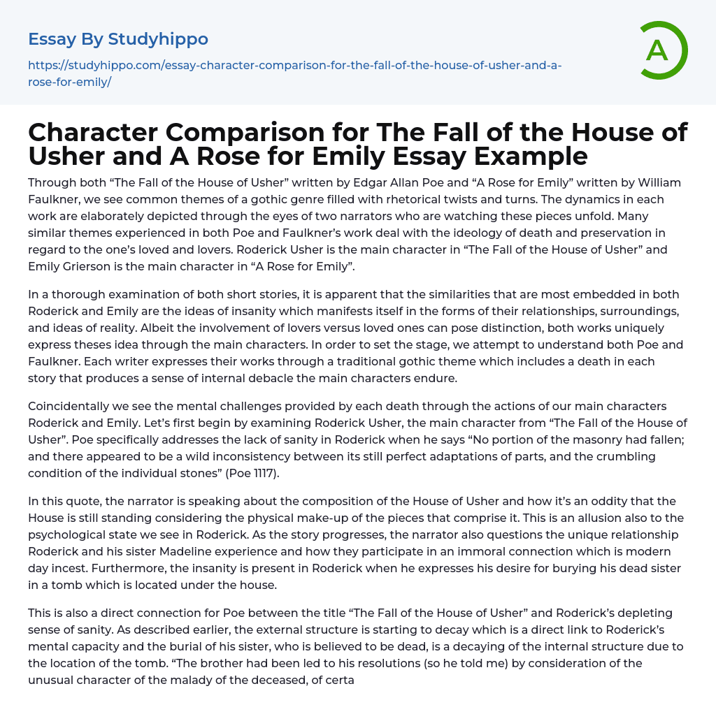 Character Comparison for The Fall of the House of Usher and A Rose for Emily Essay Example