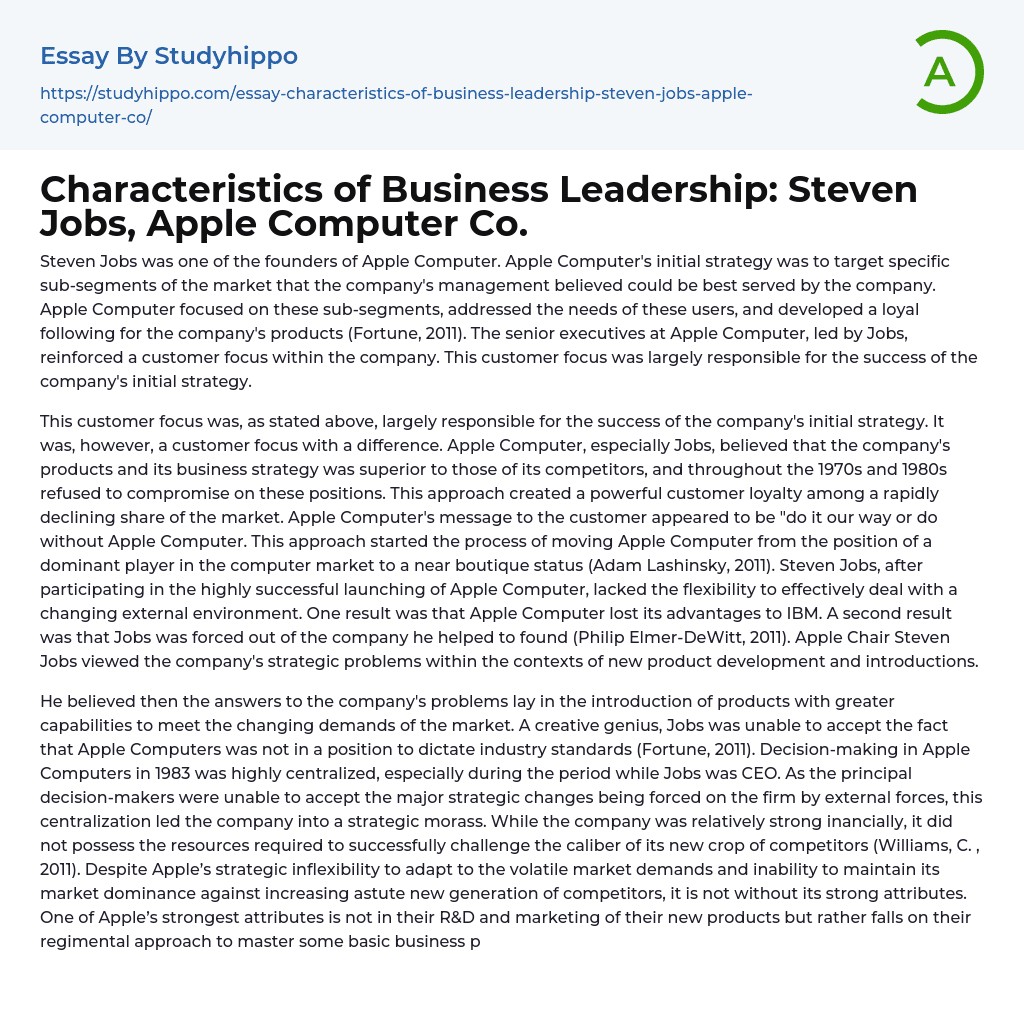 Characteristics of Business Leadership: Steven Jobs, Apple Computer Co. Essay Example