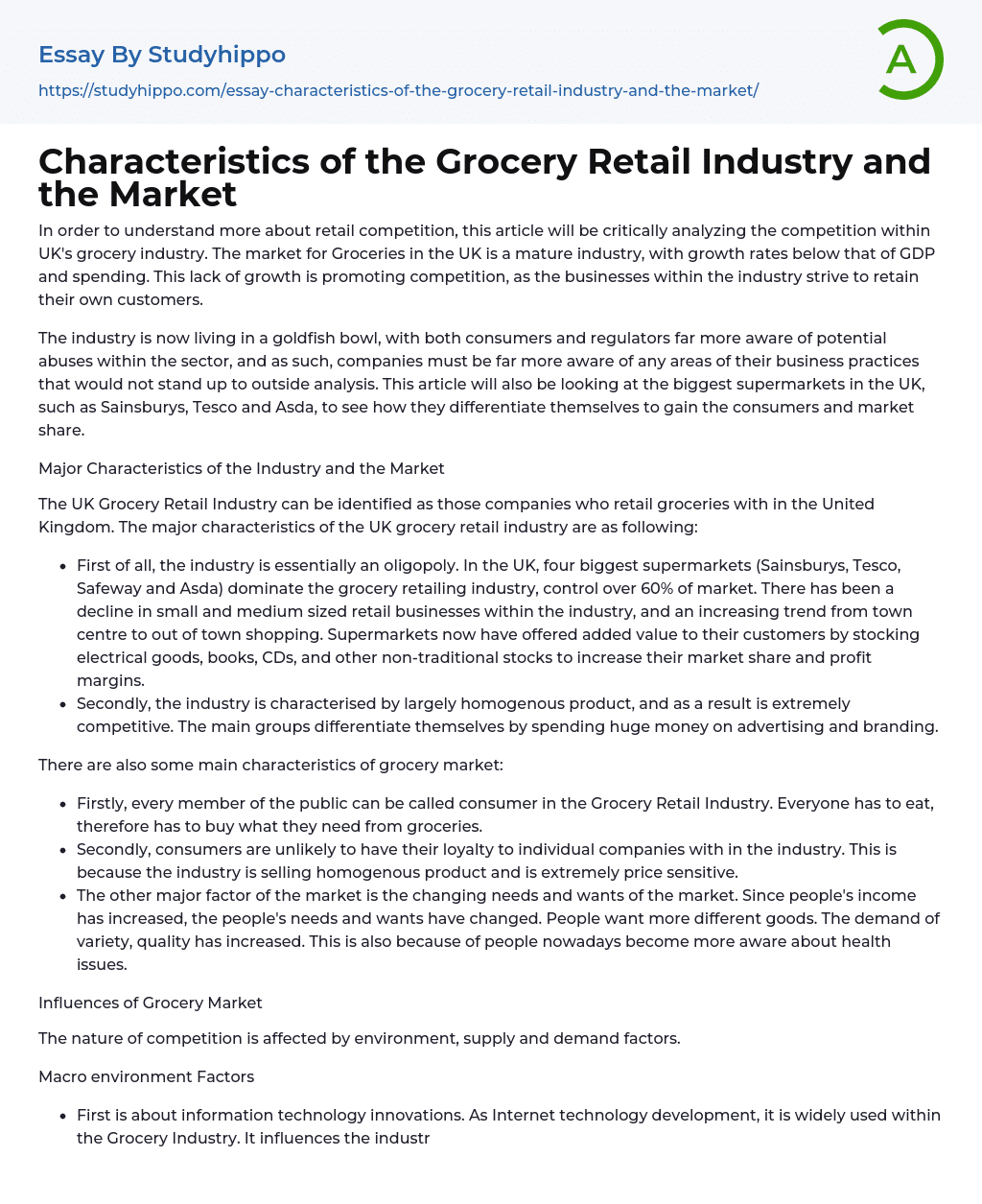 Characteristics of the Grocery Retail Industry and the Market Essay Example