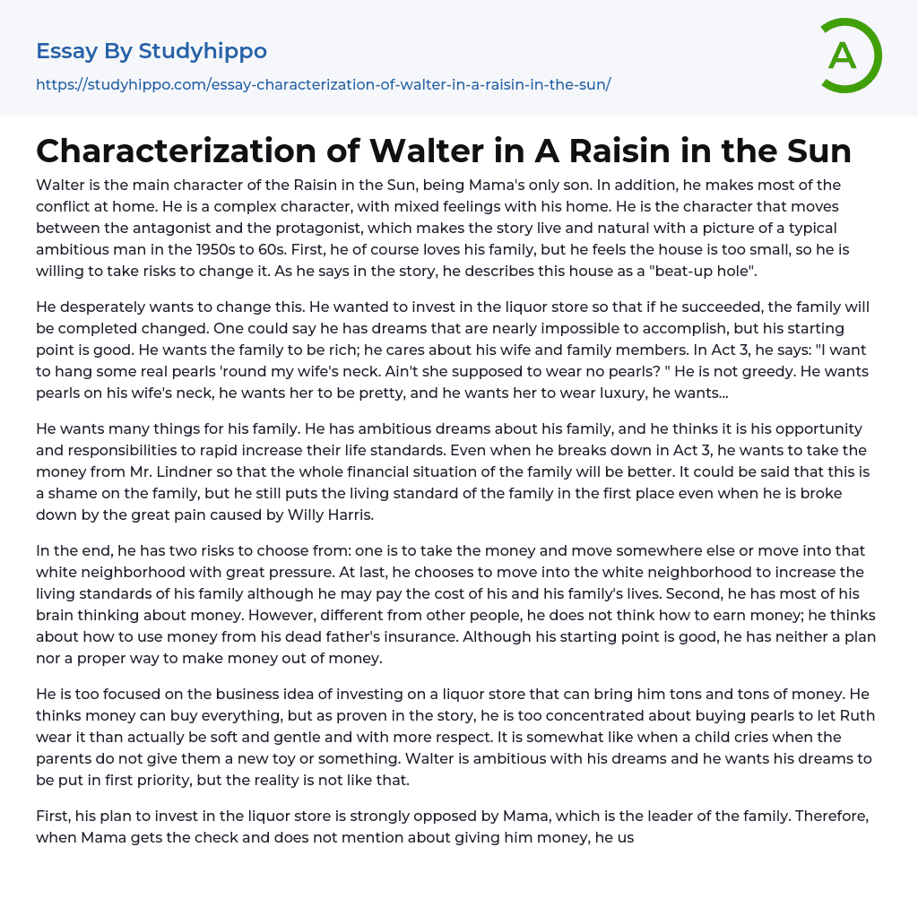 Characterization of Walter in A Raisin in the Sun Essay Example