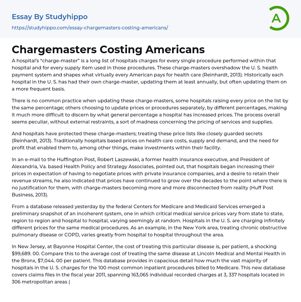 Chargemasters Costing Americans Essay Example