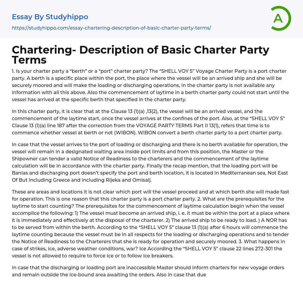 Chartering- Description of Basic Charter Party Terms Essay Example
