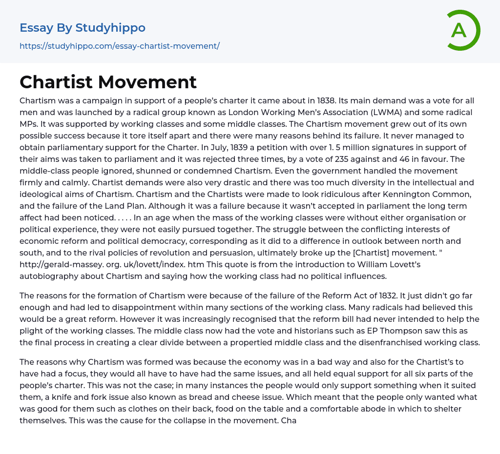 Chartist Movement Essay Example