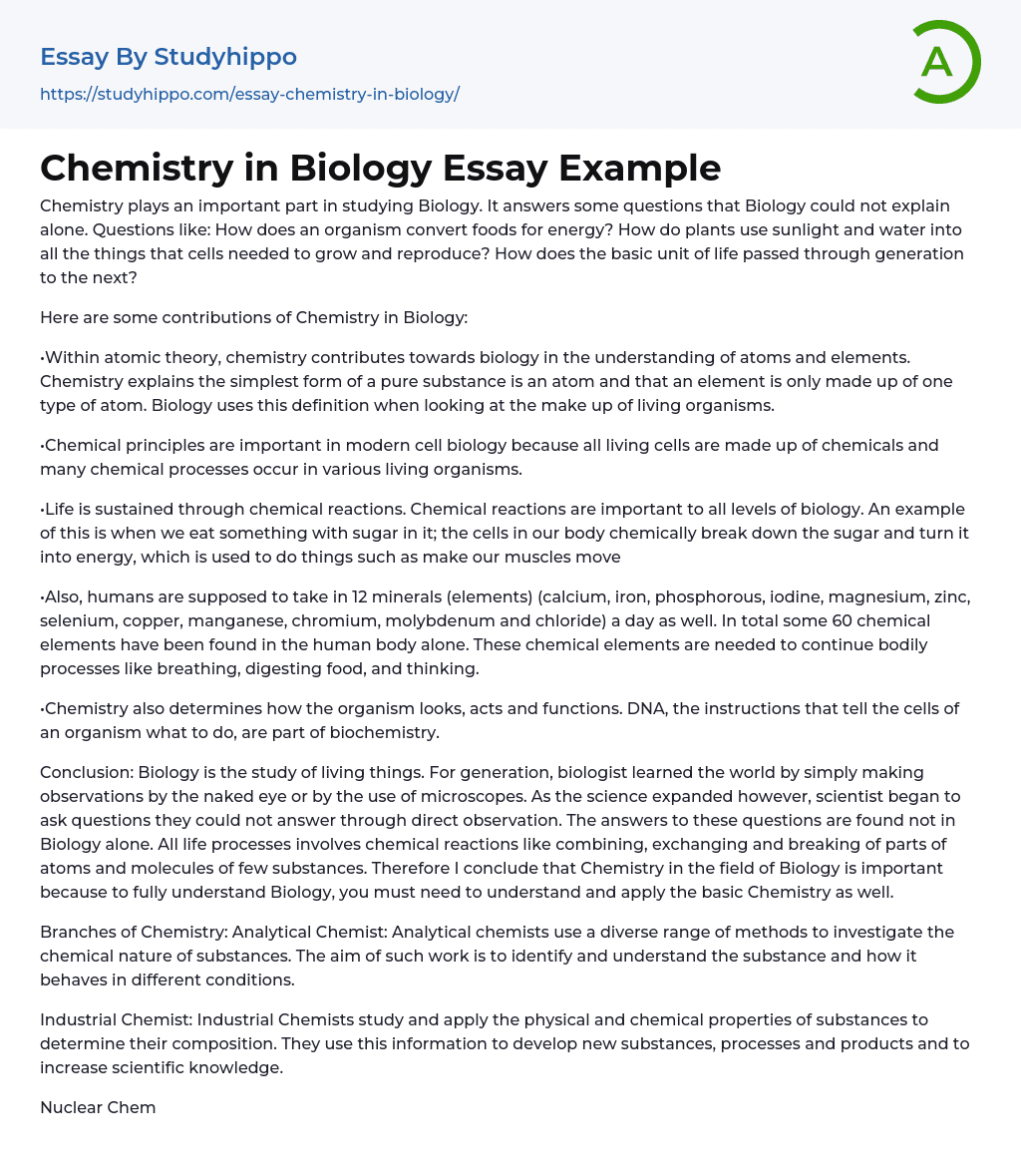 Chemistry in Biology Essay Example