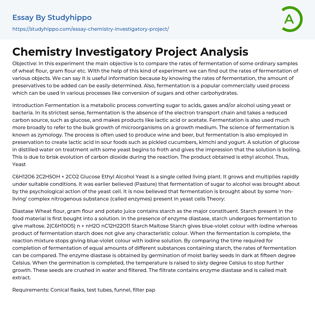 Chemistry Investigatory Project Analysis Essay Example