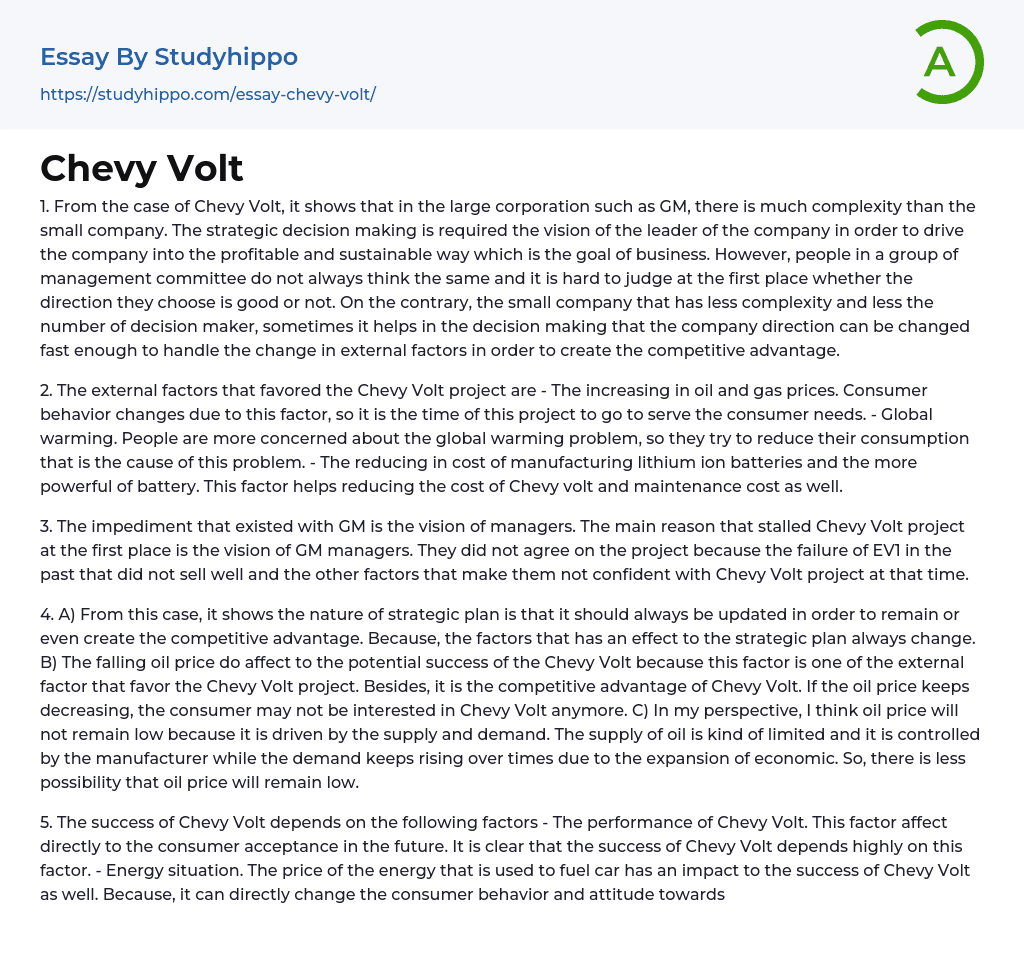 Chevy Volt Essay Example