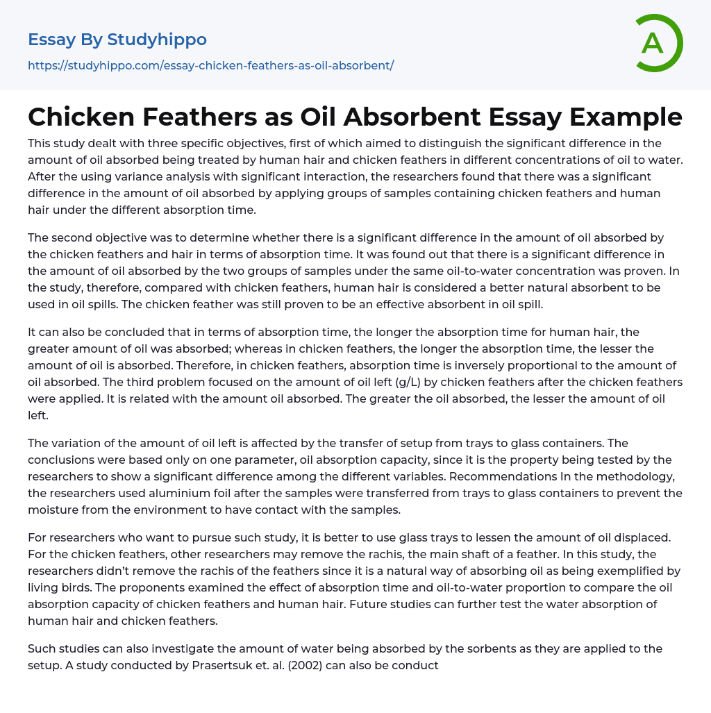 Chicken Feathers as Oil Absorbent Essay Example