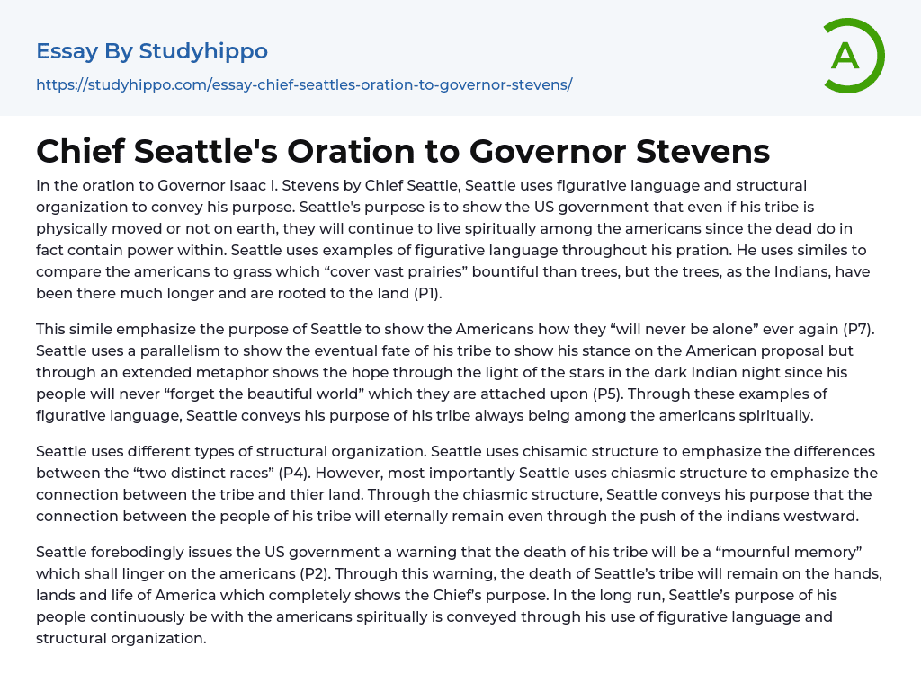 Chief Seattle’s Oration to Governor Stevens Essay Example