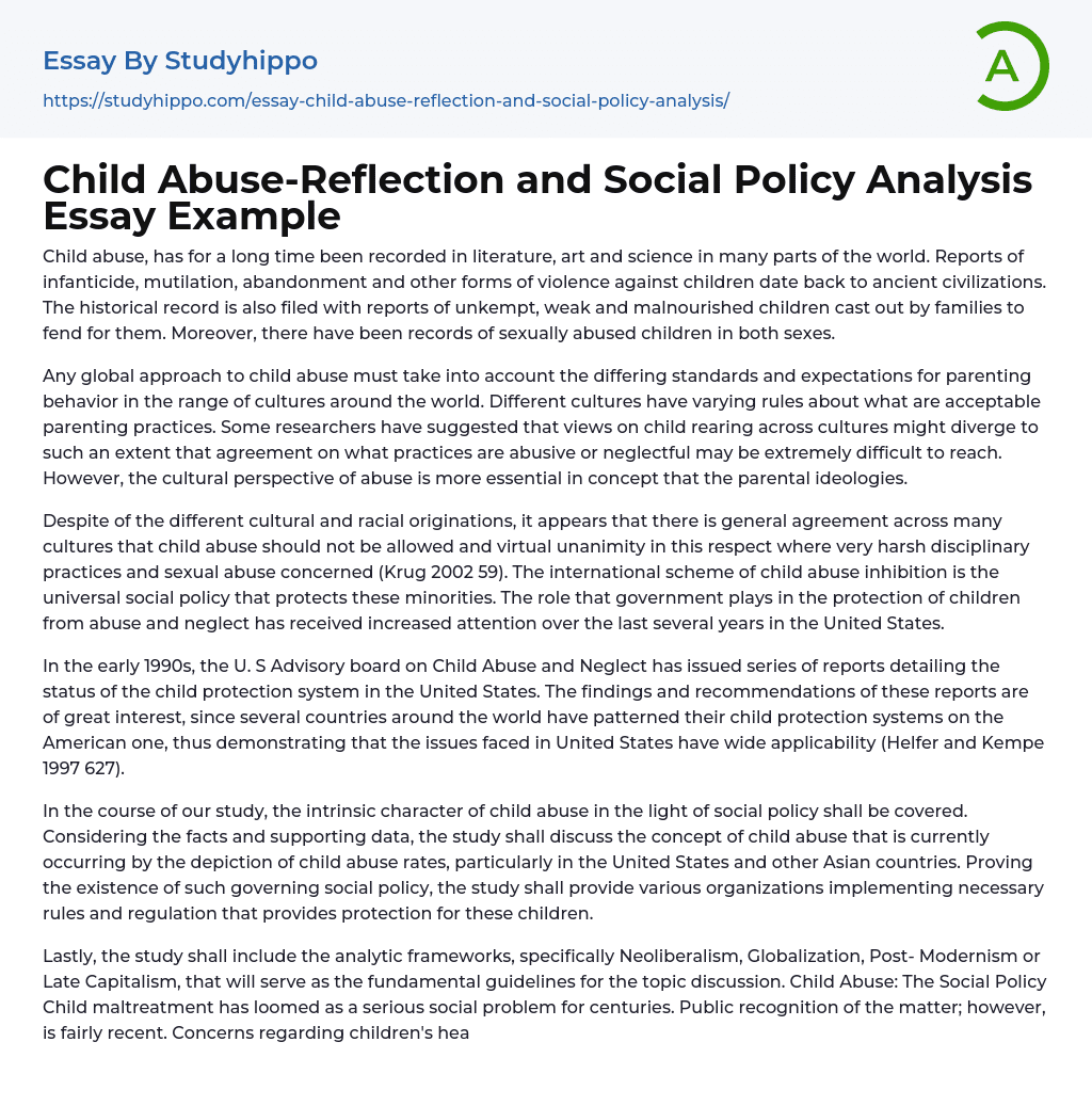 Child Abuse-Reflection and Social Policy Analysis Essay Example