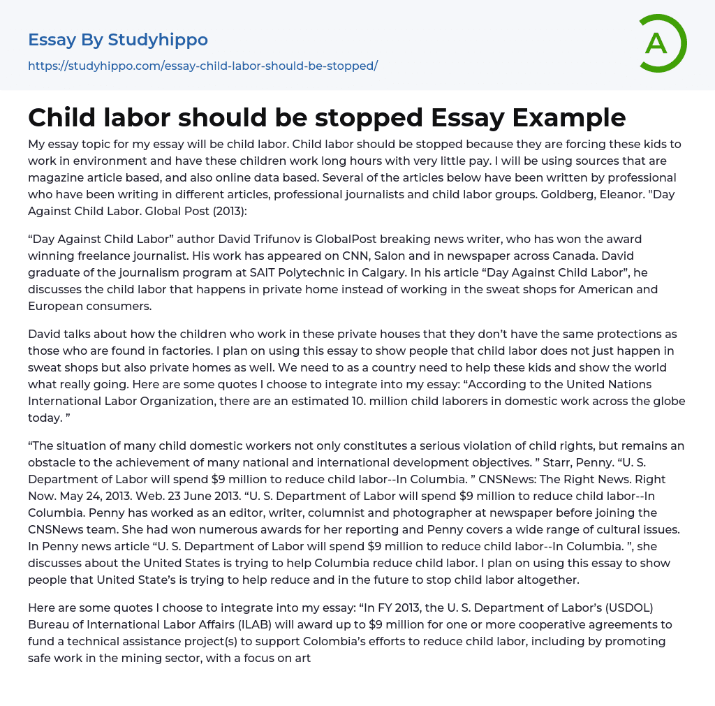 Child labor should be stopped Essay Example