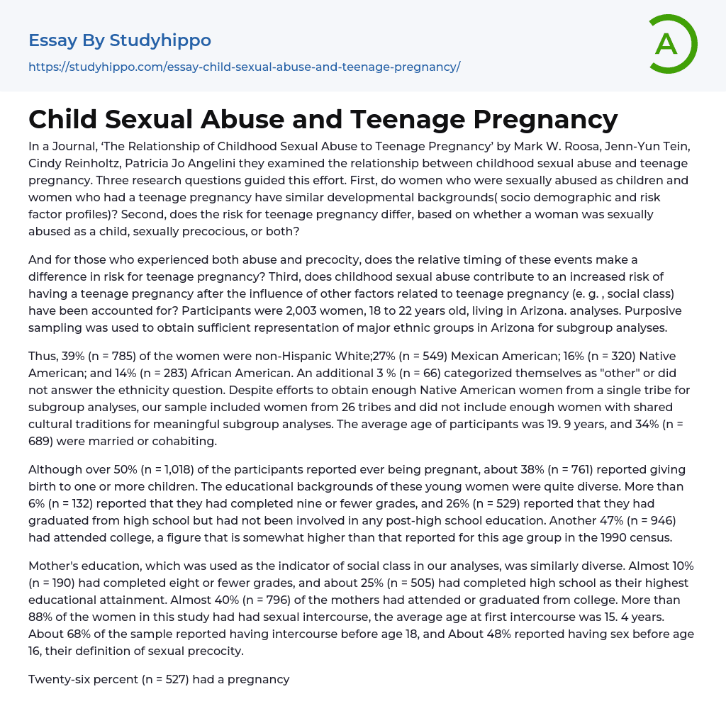 Child Sexual Abuse and Teenage Pregnancy Essay Example