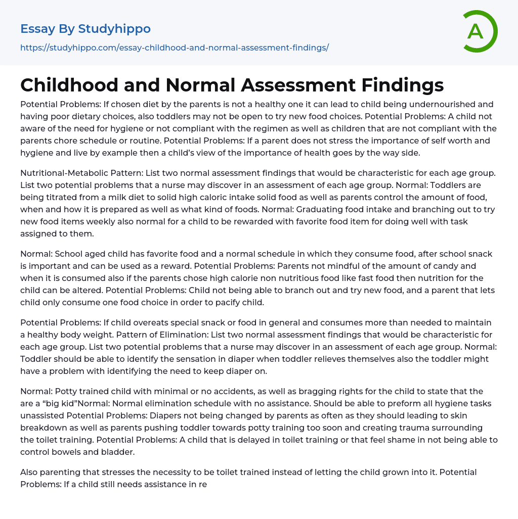 Childhood and Normal Assessment Findings Essay Example