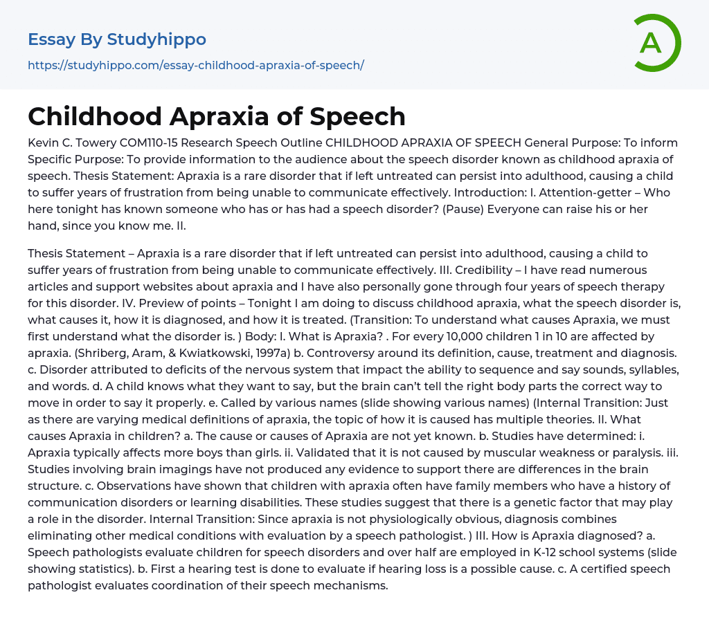 Childhood Apraxia of Speech Essay Example