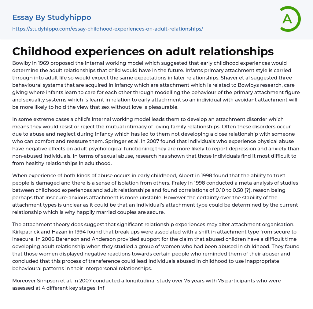 Childhood experiences on adult relationships Essay Example