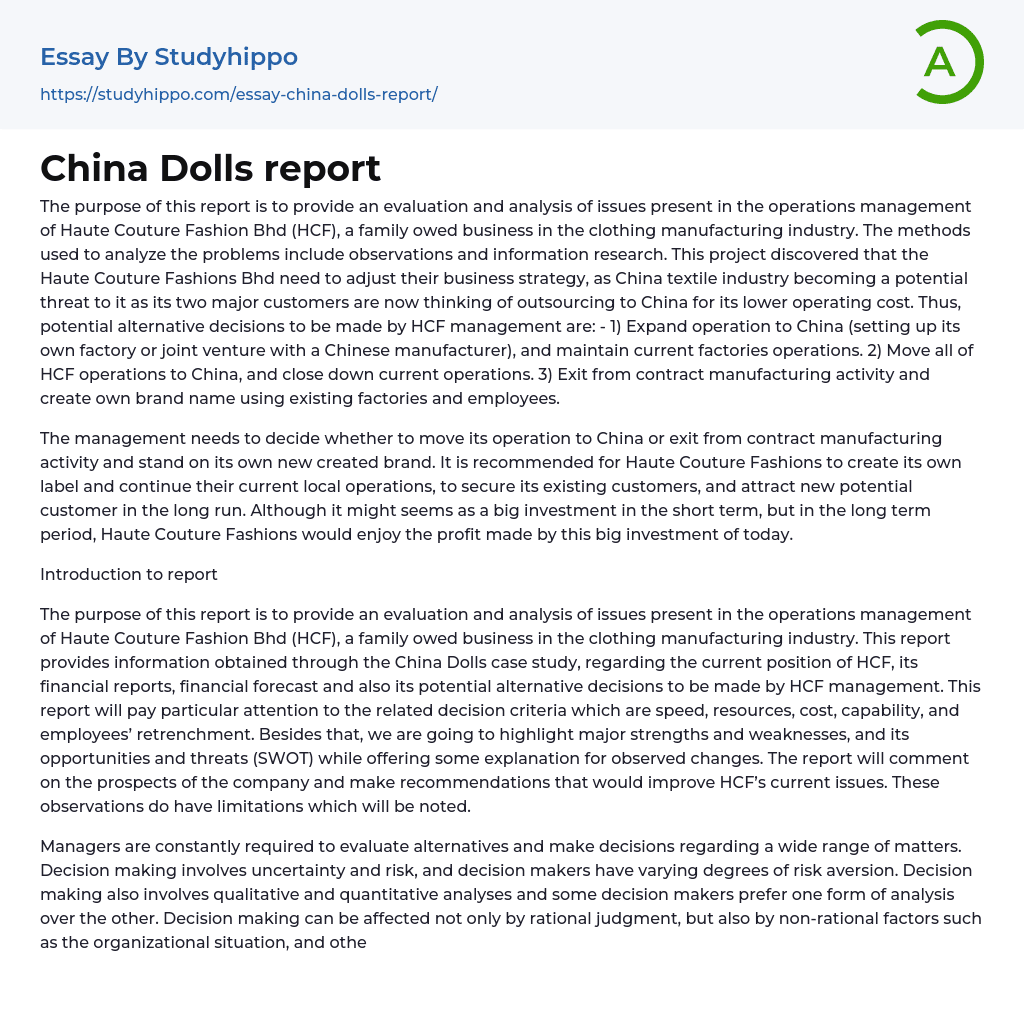 China Dolls report Essay Example