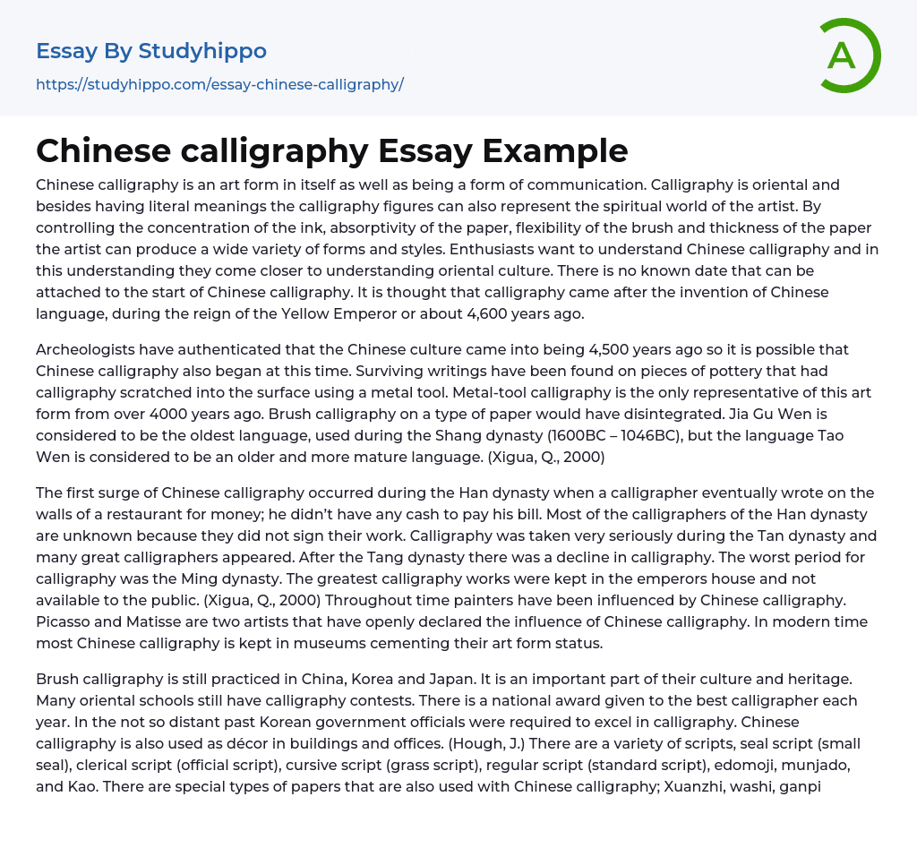 Chinese calligraphy Essay Example