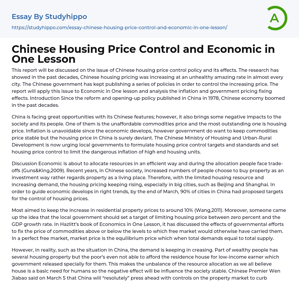 Chinese Housing Price Control and Economic in One Lesson Essay Example