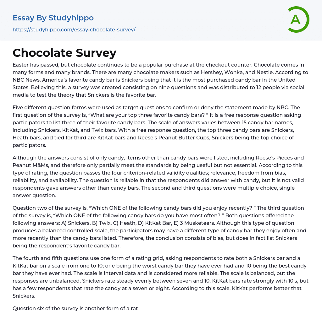 Chocolate Survey Essay Example
