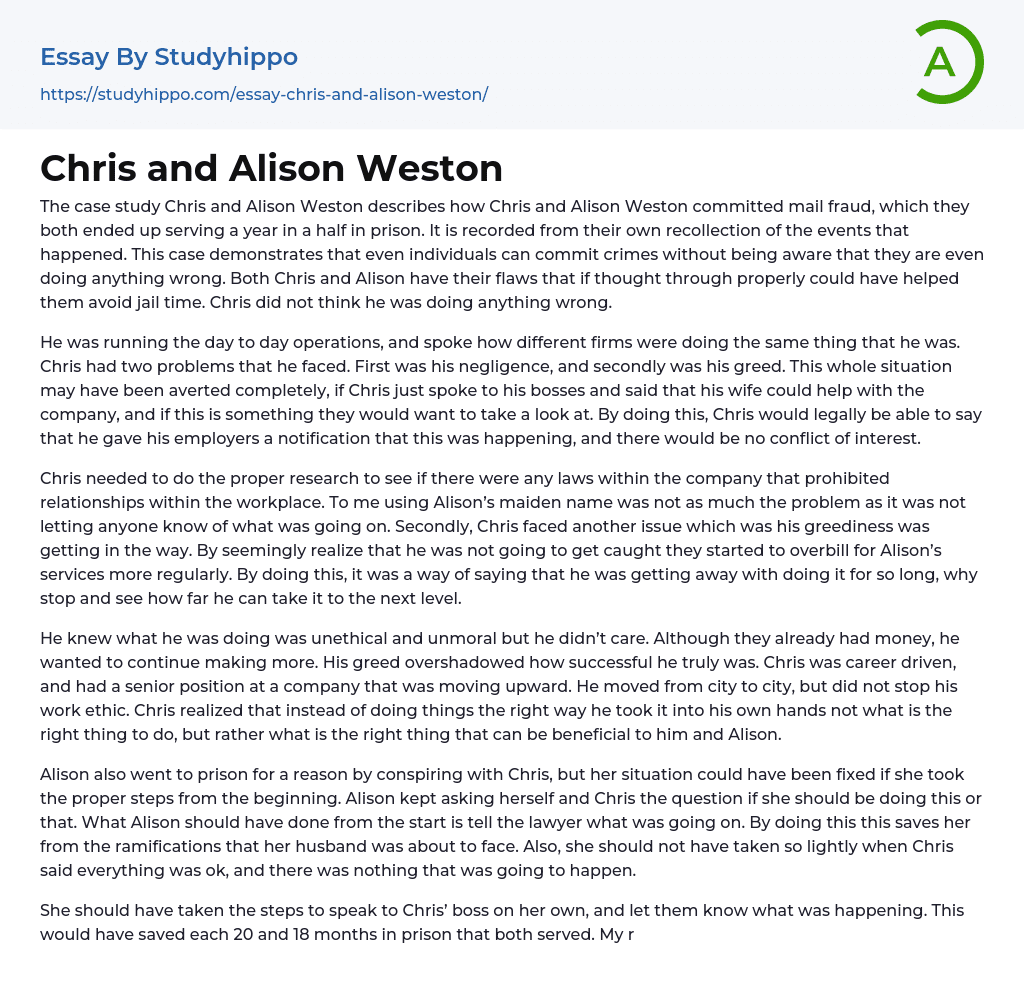 Chris and Alison Weston Essay Example